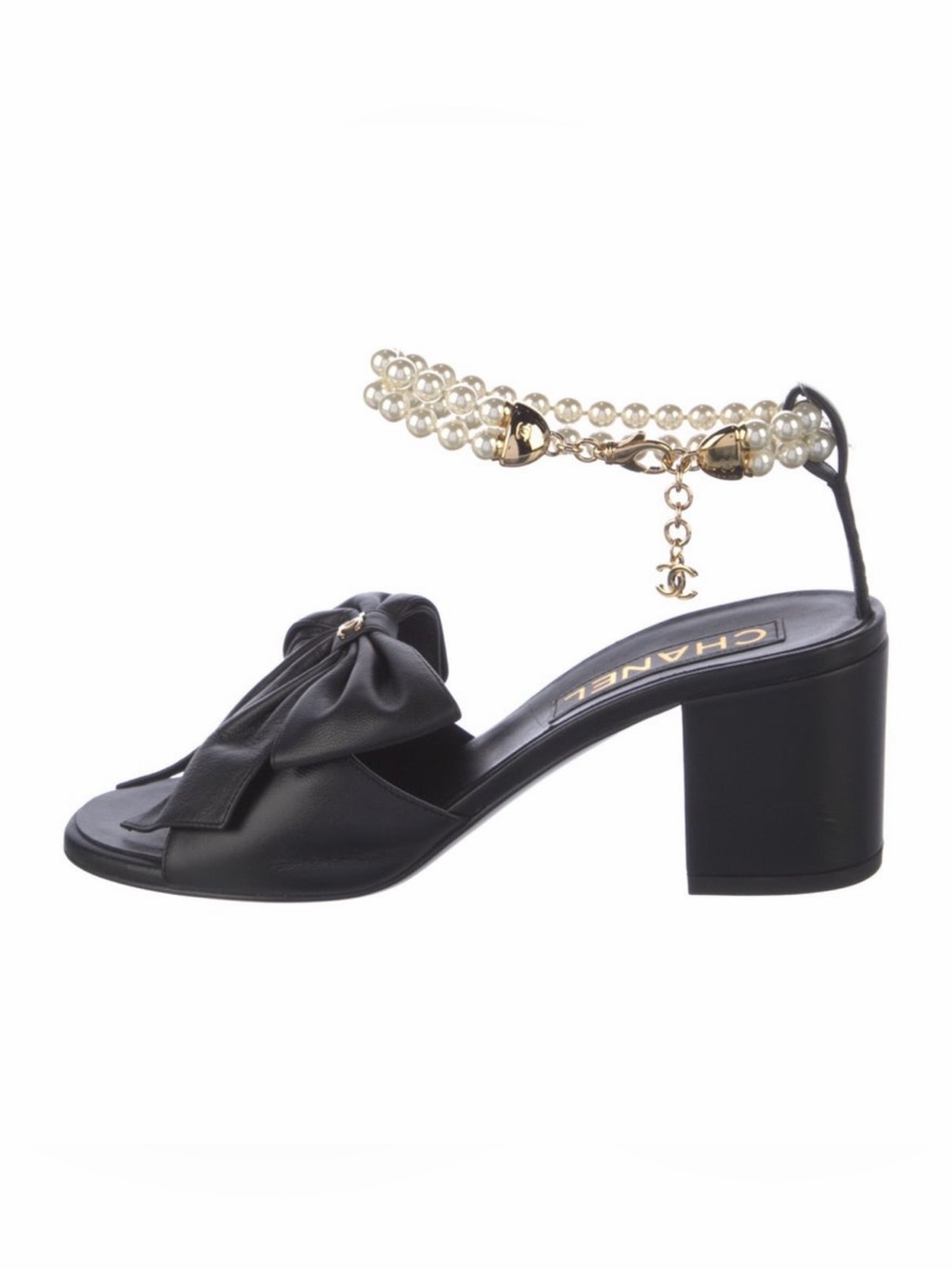 Chanel 2024 CC Bow Pearl Ankle Strap Block Heel Sandals Black Leather 36